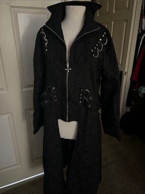 Costume Black Gothic Long Coat with Metal Ring Details.